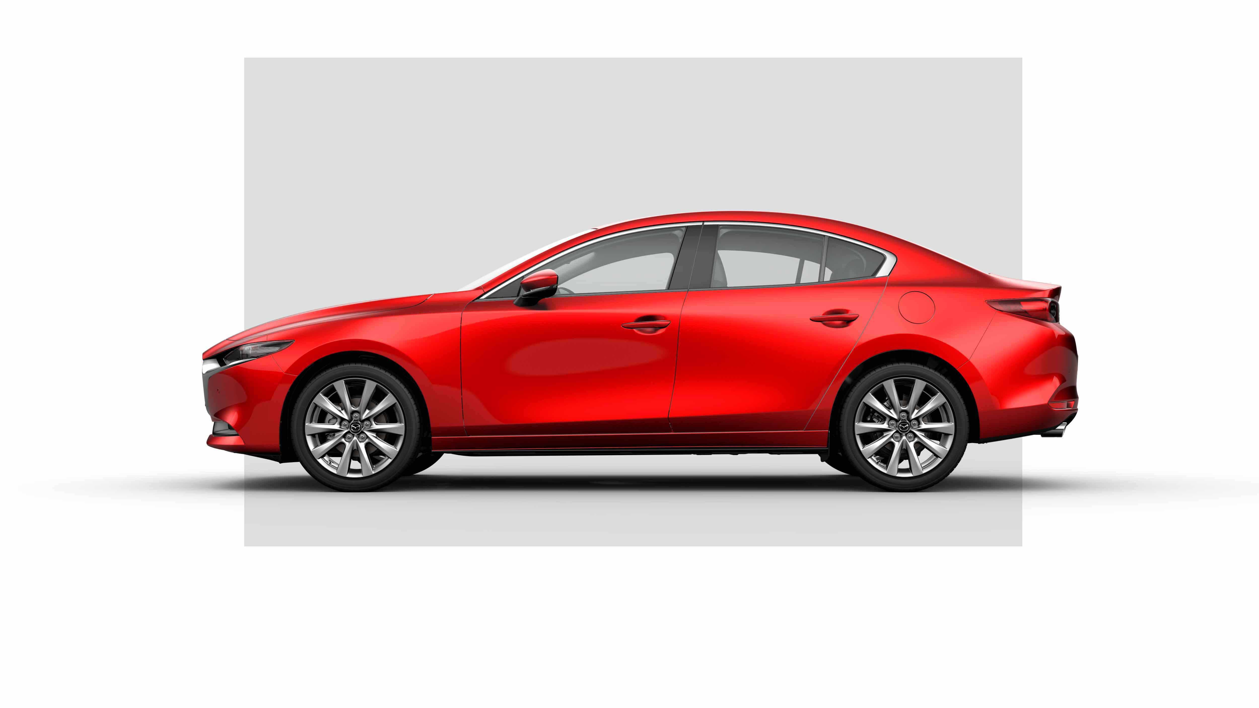 Mazda 3 Sedán Vehículo Híbrido en color rojo diamante